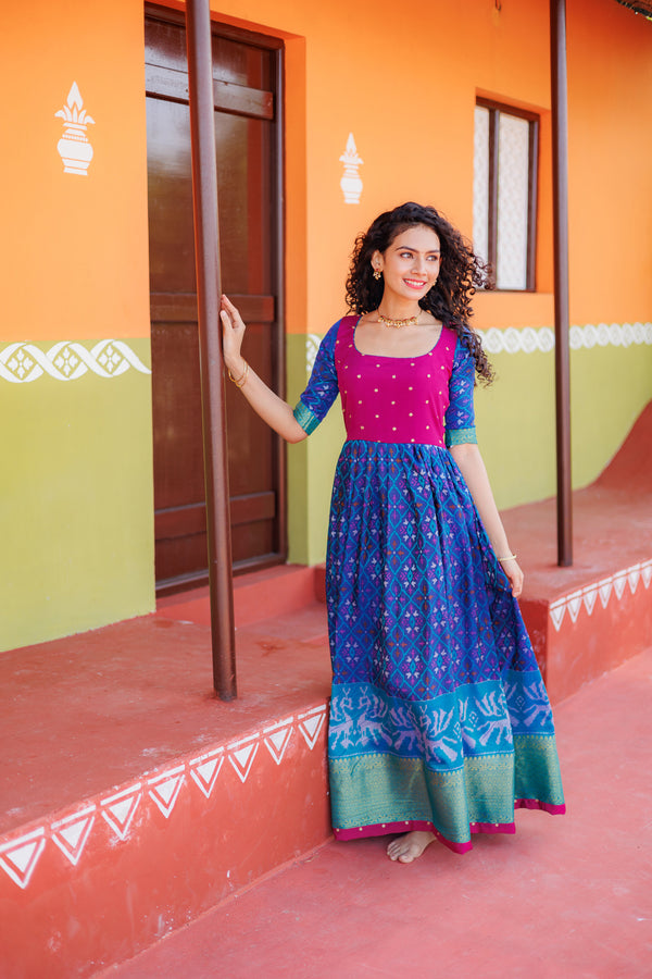 Bhumika Blue Pochampalli Dress with magenta yoke
