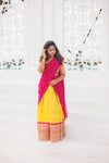 Neela Yellow Brocade Crop top Skirt with magenta dupatta (Set of 3)