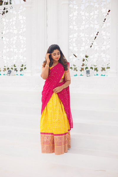 Neela Yellow Brocade Crop top Skirt with magenta dupatta (Set of 3)