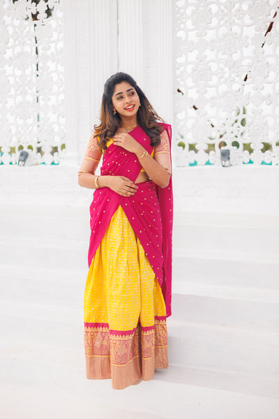 Neela Yellow Brocade Crop top Skirt with magenta dupatta (Set of 3)