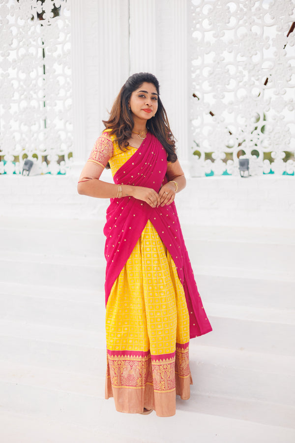Neela Yellow Brocade Crop top Skirt with magenta dupatta (Set of 3)