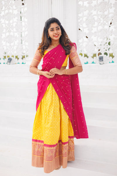 Neela Yellow Brocade Crop top Skirt with magenta dupatta (Set of 3)