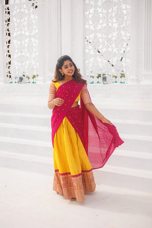 Neela Yellow Brocade Crop top Skirt with magenta dupatta (Set of 3)