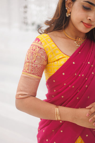 Neela Yellow Brocade Crop top Skirt with magenta dupatta (Set of 3)