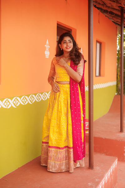 Neela Yellow Brocade Crop top Skirt with magenta dupatta (Set of 3)