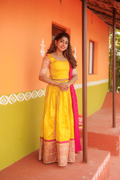 Neela Yellow Brocade Crop top Skirt with magenta dupatta (Set of 3)