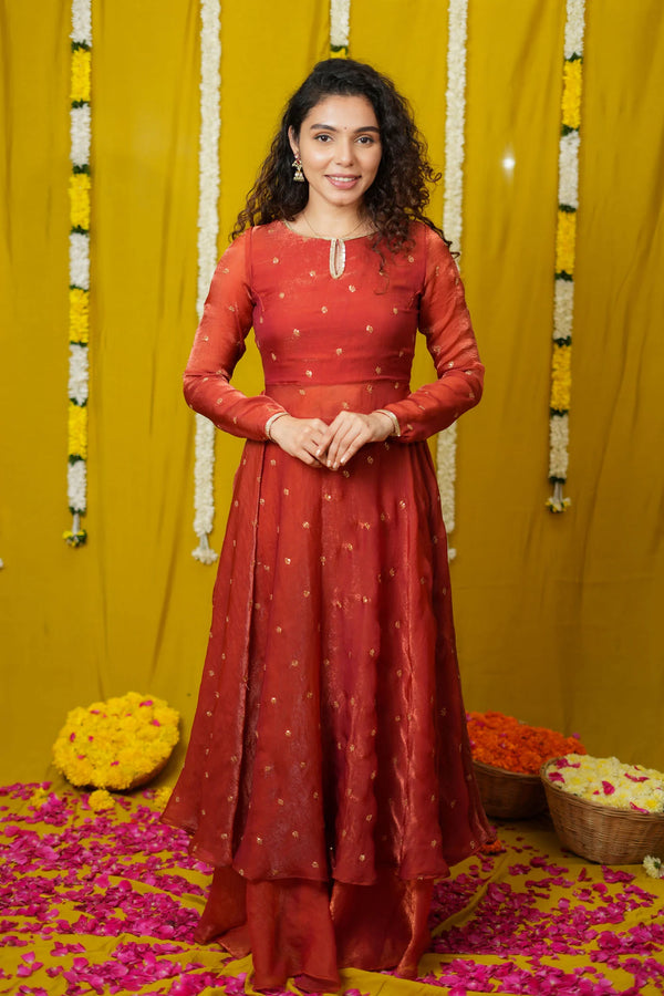 Pirainila Rust Orange Anarkali Kurta (Set of 2)