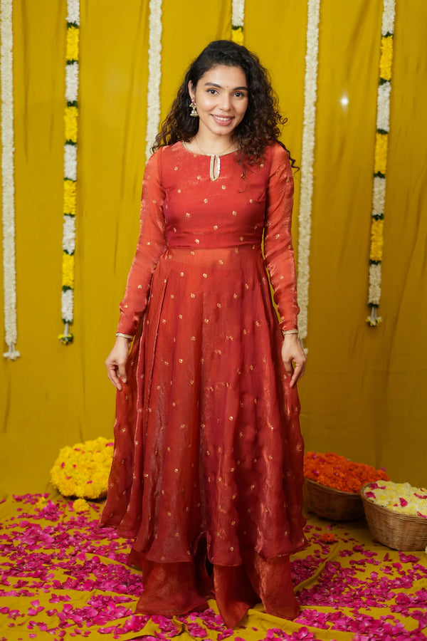 Pirainila Rust Orange Anarkali Kurta (Set of 2)