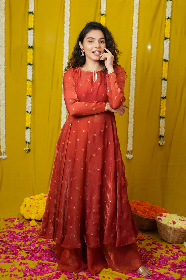 Pirainila Rust Orange Anarkali Kurta (Set of 2)