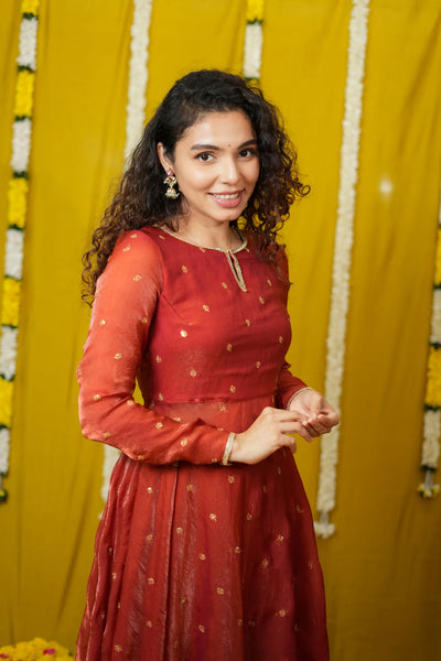 Pirainila Rust Orange Anarkali Kurta (Set of 2)