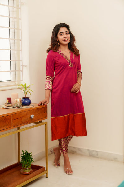 Bency Magenta & Orange Brocade Kurti Set