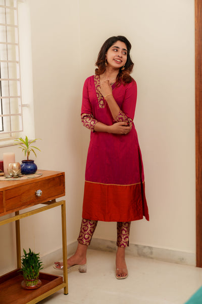 Bency Magenta & Orange Brocade Kurti Set