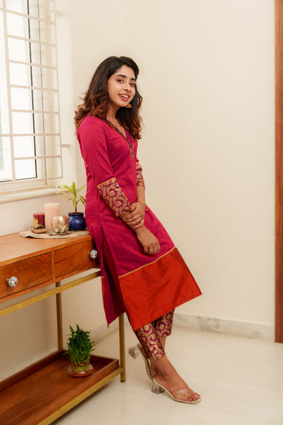Bency Magenta & Orange Brocade Kurti Set