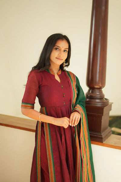 Yashika Maroon with Green Handloom Cotton Kurta Set