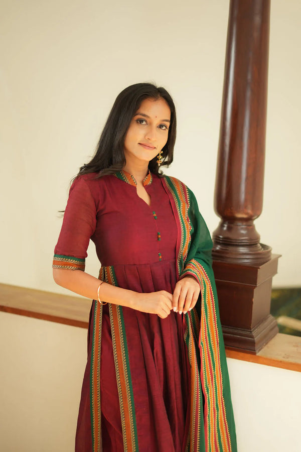 Yashika Maroon with Green Handloom Cotton Kurta Set