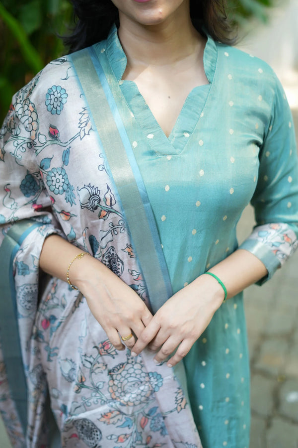 Charita Pastel green Chanderi Kurta Set with Kalamkari Dupatta (set of 2)
