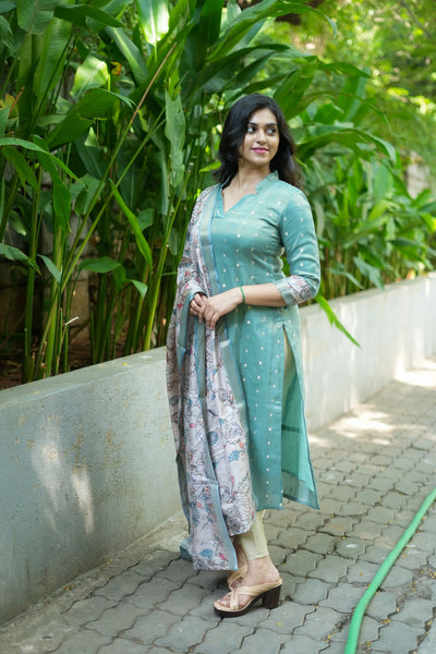 Charita Pastel green Chanderi Kurta Set with Kalamkari Dupatta (set of 2)