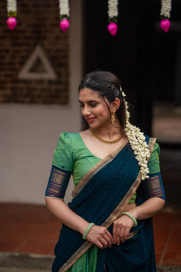 Urmila - Aqua Green with Blue Handloom cotton Halfsaree