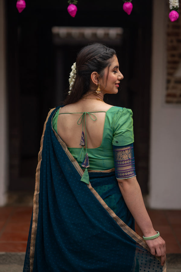 Urmila - Aqua Green with Blue Handloom cotton Halfsaree