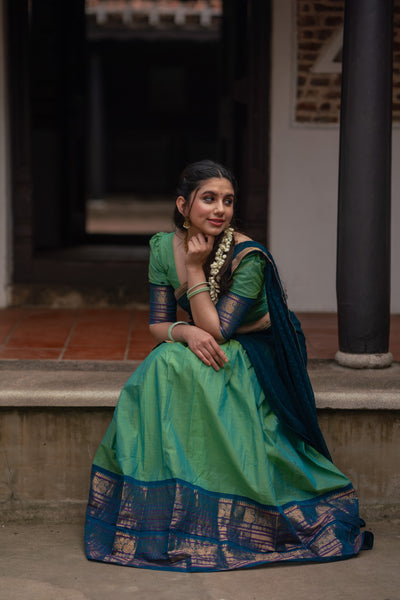 Urmila - Aqua Green with Blue Handloom cotton Halfsaree