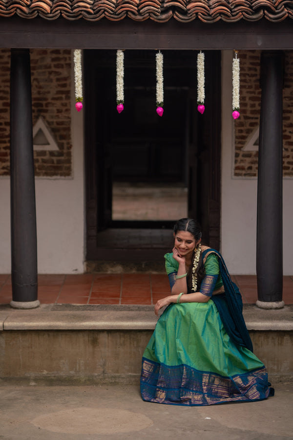 Urmila - Aqua Green with Blue Handloom cotton Halfsaree