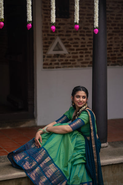 Urmila - Aqua Green with Blue Handloom cotton Halfsaree