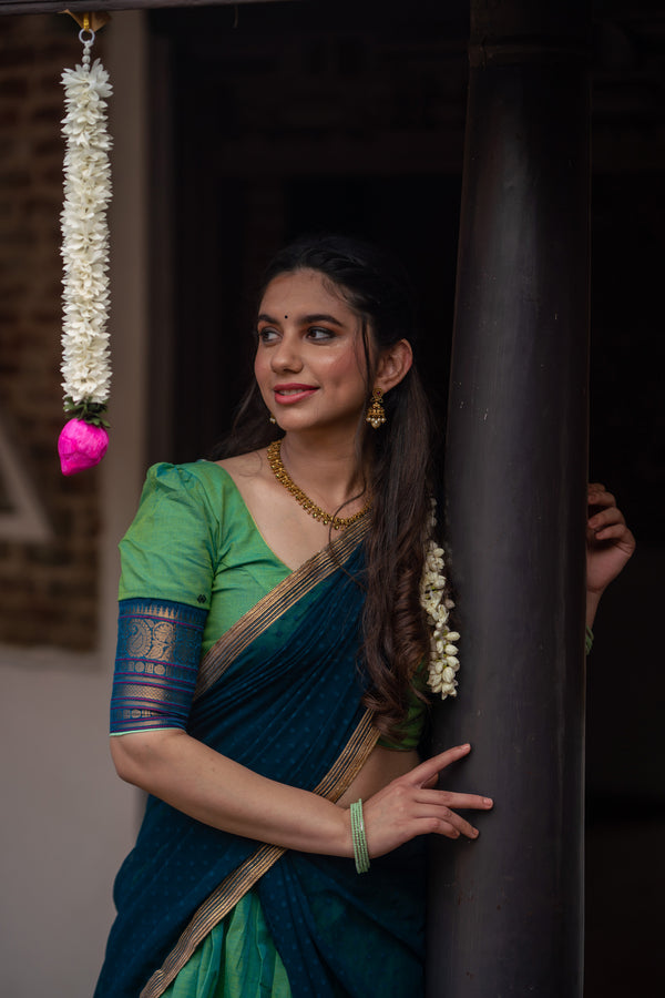 Urmila - Aqua Green with Blue Handloom cotton Halfsaree