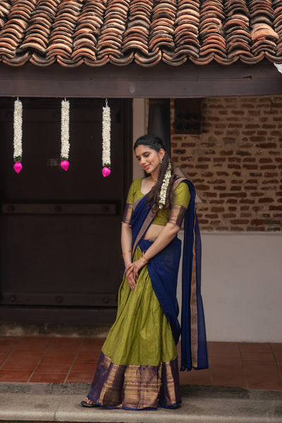 Pooja Olive Green with Navy Blue Handlom Halfsaree