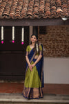 Pooja Olive Green with Navy Blue Handlom Halfsaree