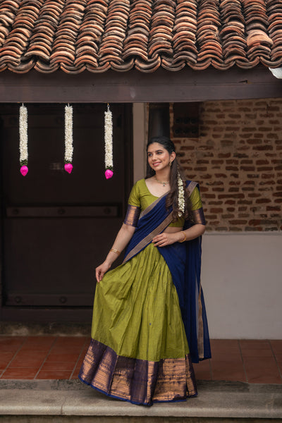 Pooja Olive Green with Navy Blue Handlom Halfsaree