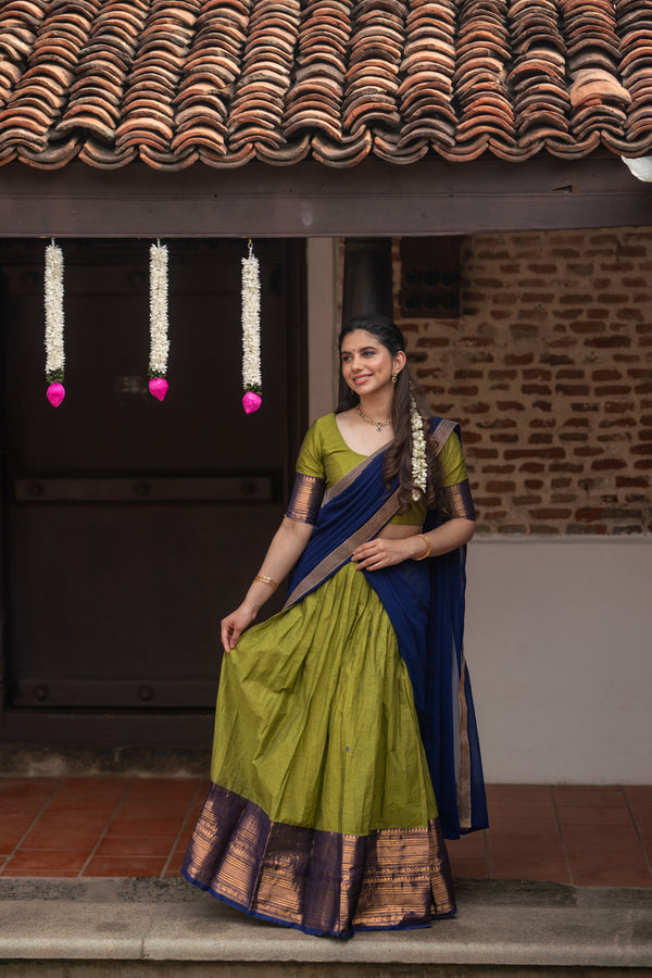 Pooja Olive Green with Navy Blue Handlom Halfsaree