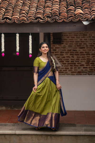 Pooja Olive Green with Navy Blue Handlom Halfsaree