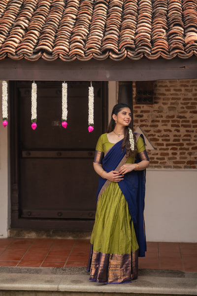 Pooja Olive Green with Navy Blue Handlom Halfsaree