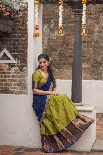 Pooja Olive Green with Navy Blue Handlom Halfsaree