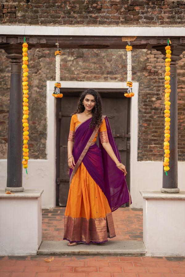 Pooja Orange with Purple Handlom Halfsaree