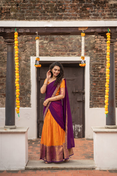Pooja Orange with Purple Handlom Halfsaree