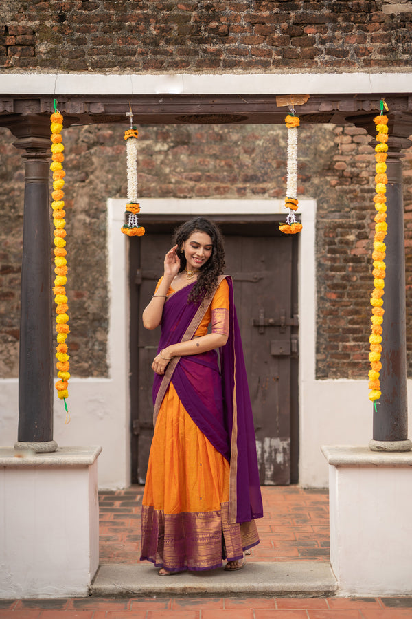 Pooja Orange with Purple Handlom Halfsaree