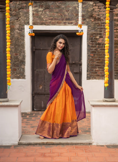 Pooja Orange with Purple Handlom Halfsaree