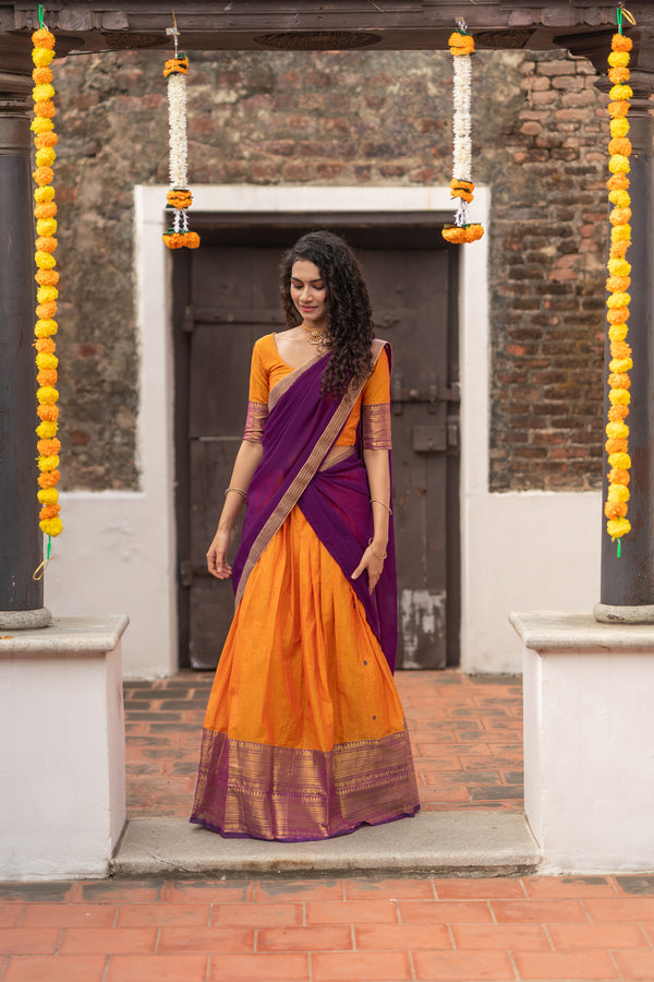 Pooja Orange with Purple Handlom Halfsaree