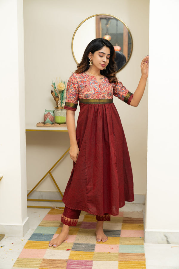 Varshini Peach & Maroon Kurti Set