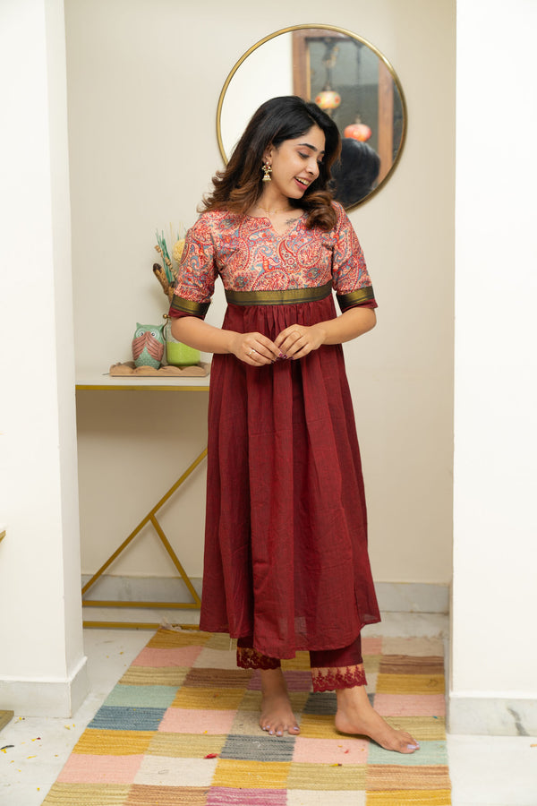 Varshini Peach & Maroon Kurti Set