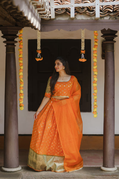 Sanam Orange Brocade Croptop with Skirt (Set of 3)