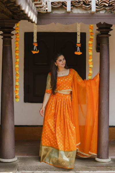 Sanam Orange Brocade Croptop with Skirt (Set of 3)