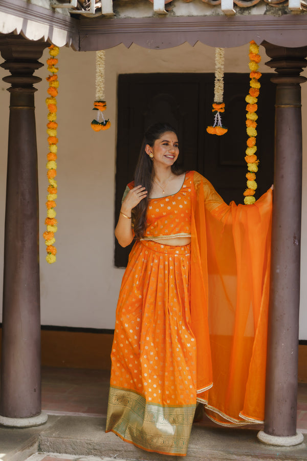 Sanam Orange Brocade Croptop with Skirt (Set of 3)