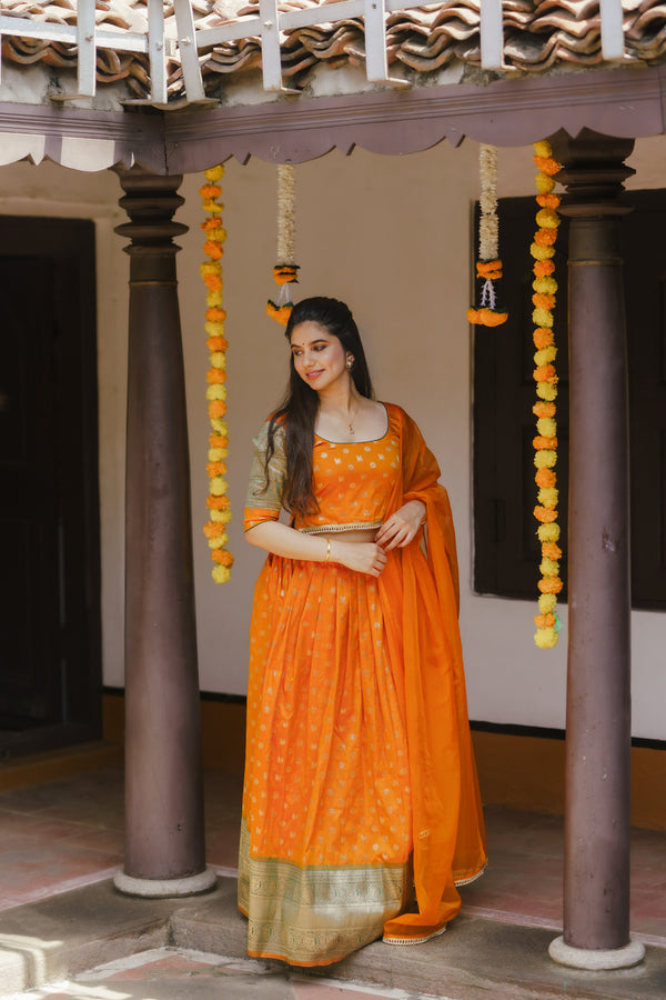 Sanam Orange Brocade Croptop with Skirt (Set of 3)