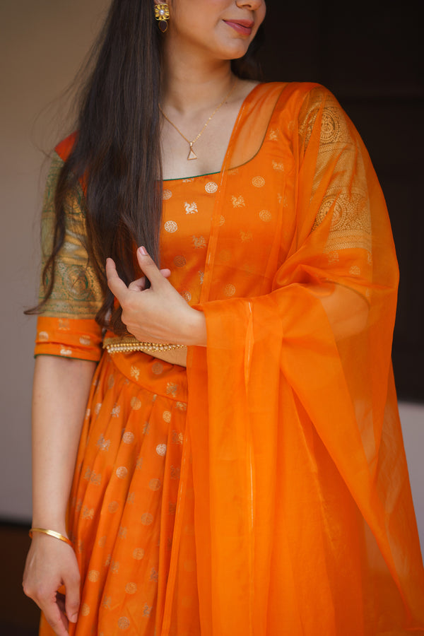 Sanam Orange Brocade Croptop with Skirt (Set of 3)