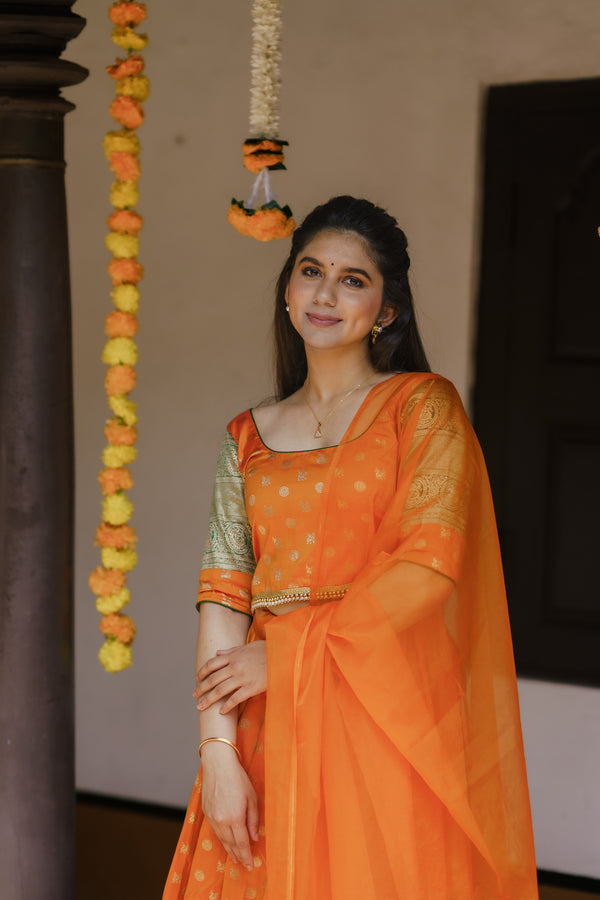 Sanam Orange Brocade Croptop with Skirt (Set of 3)