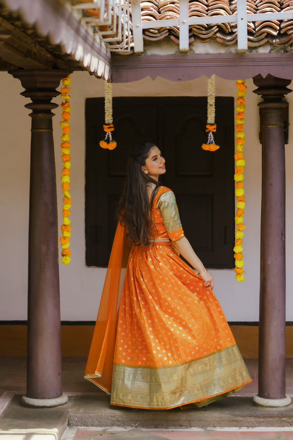 Sanam Orange Brocade Croptop with Skirt (Set of 3)