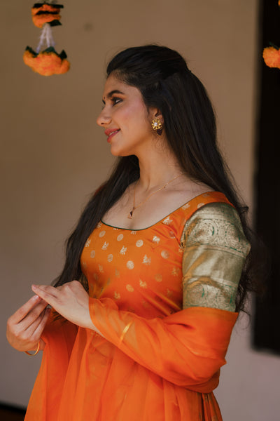 Sanam Orange Brocade Croptop with Skirt (Set of 3)