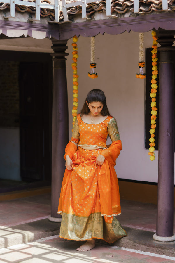 Sanam Orange Brocade Croptop with Skirt (Set of 3)